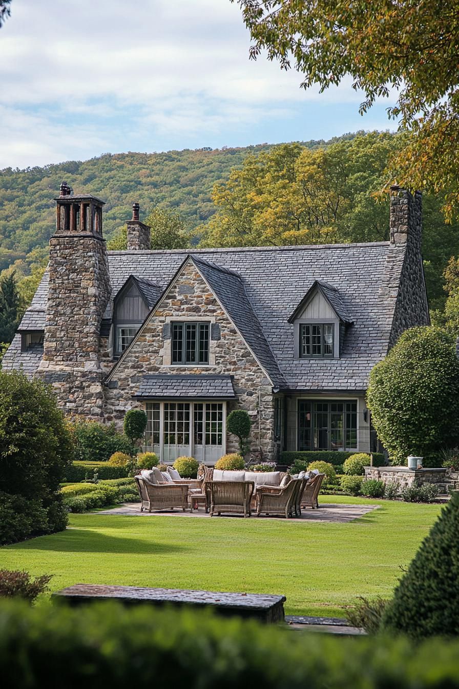 english country cottage with stone siding gabled roof with dormers and chimneys front yard garden lawn with garden furniture surrounded with bushes