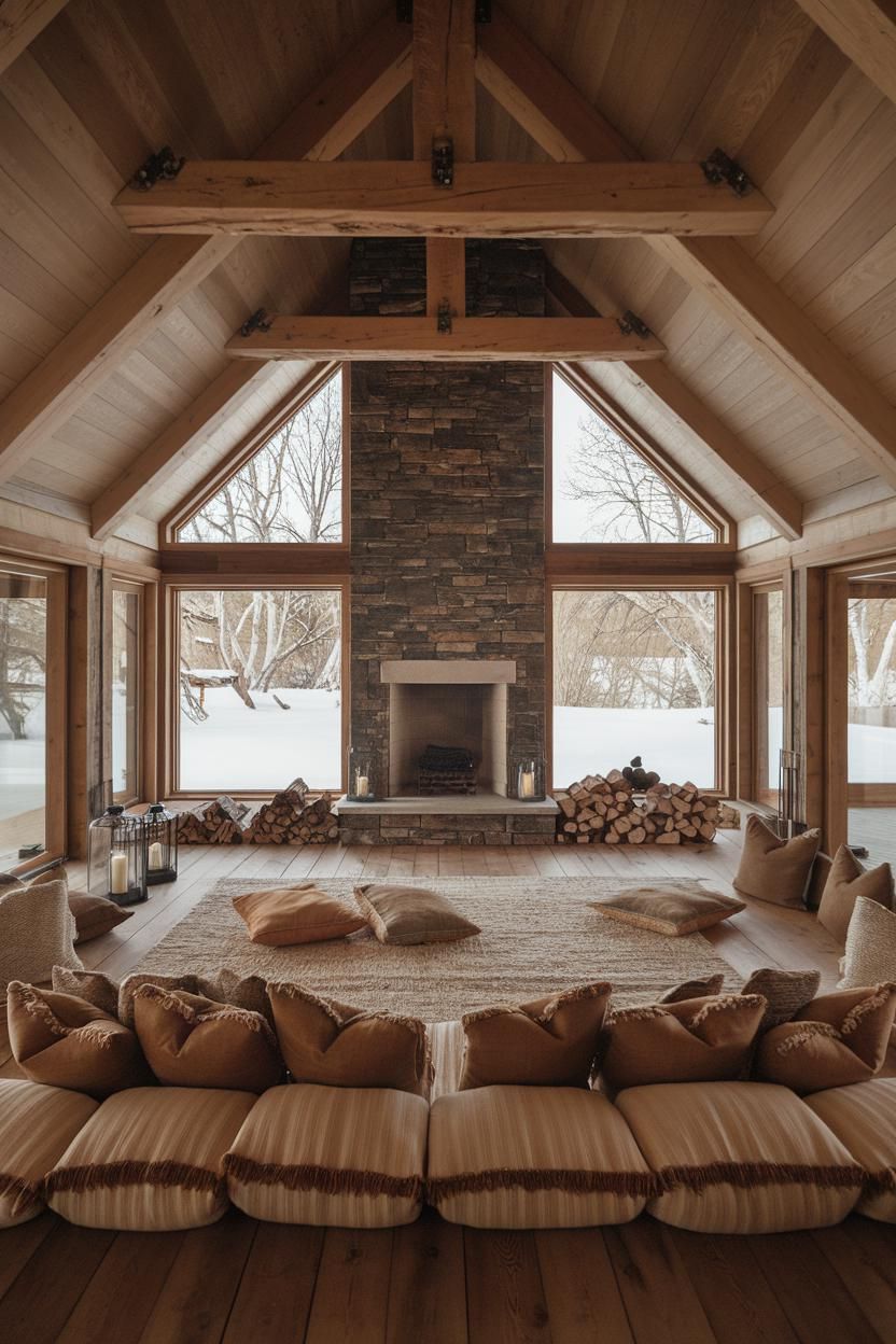 Cozy cabin interior with pillows and a stone fireplace