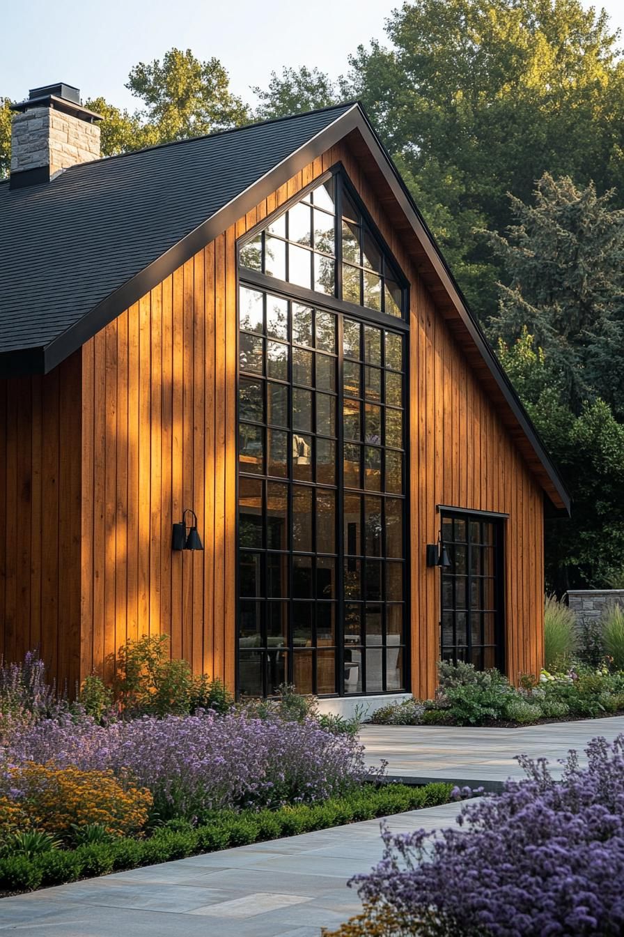 House with wooden facade and large glass windows