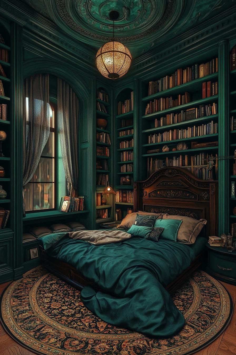 Dark, cozy bedroom with shelves of books and an ornate ceiling