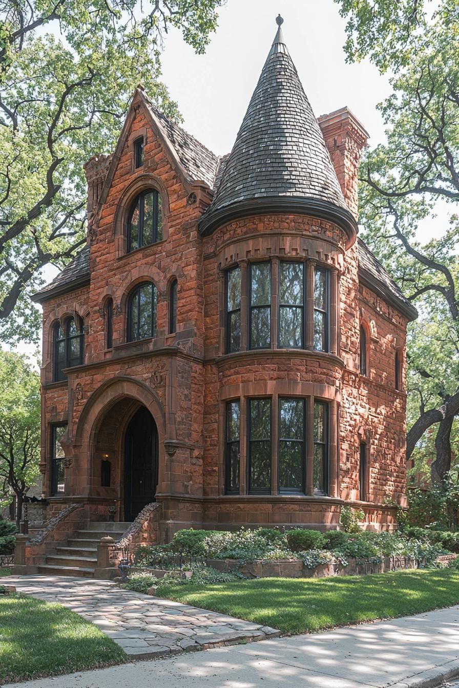 Rustic brick house with tower and arched windows