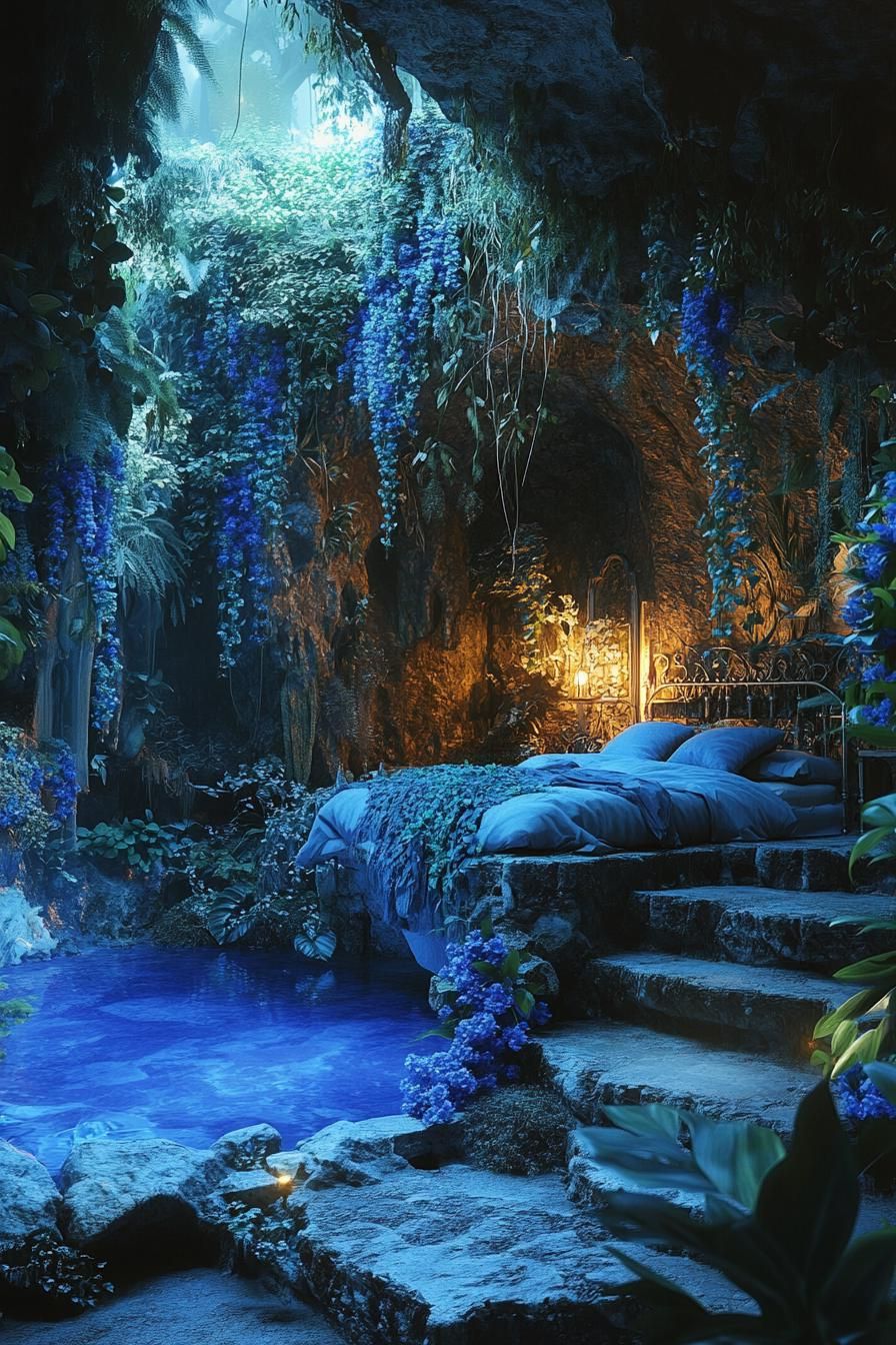 dreamscape of a cave home bedroom the walls are overgrown with dark blue flowers theres a cave pool with lush plants 3