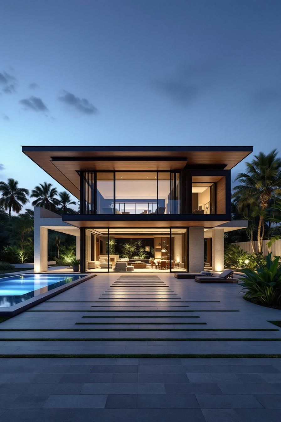 Modern Thai house with pool at dusk