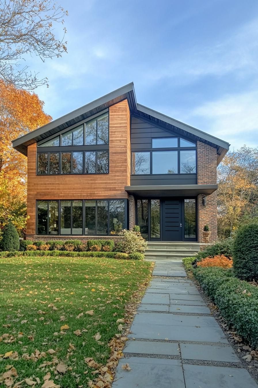 Two-story house with large windows and a sloped roof