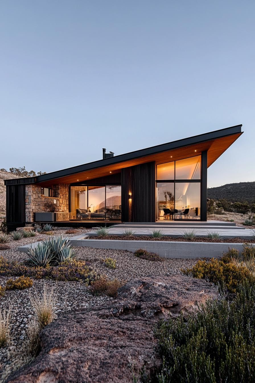 Modern house with skillion roof in a rocky landscape