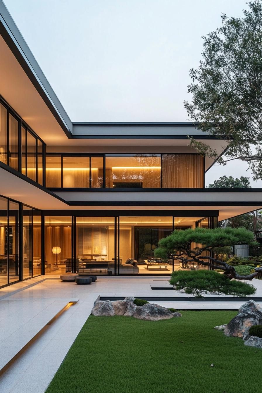 Modern Japanese minimalist house with glass walls and garden