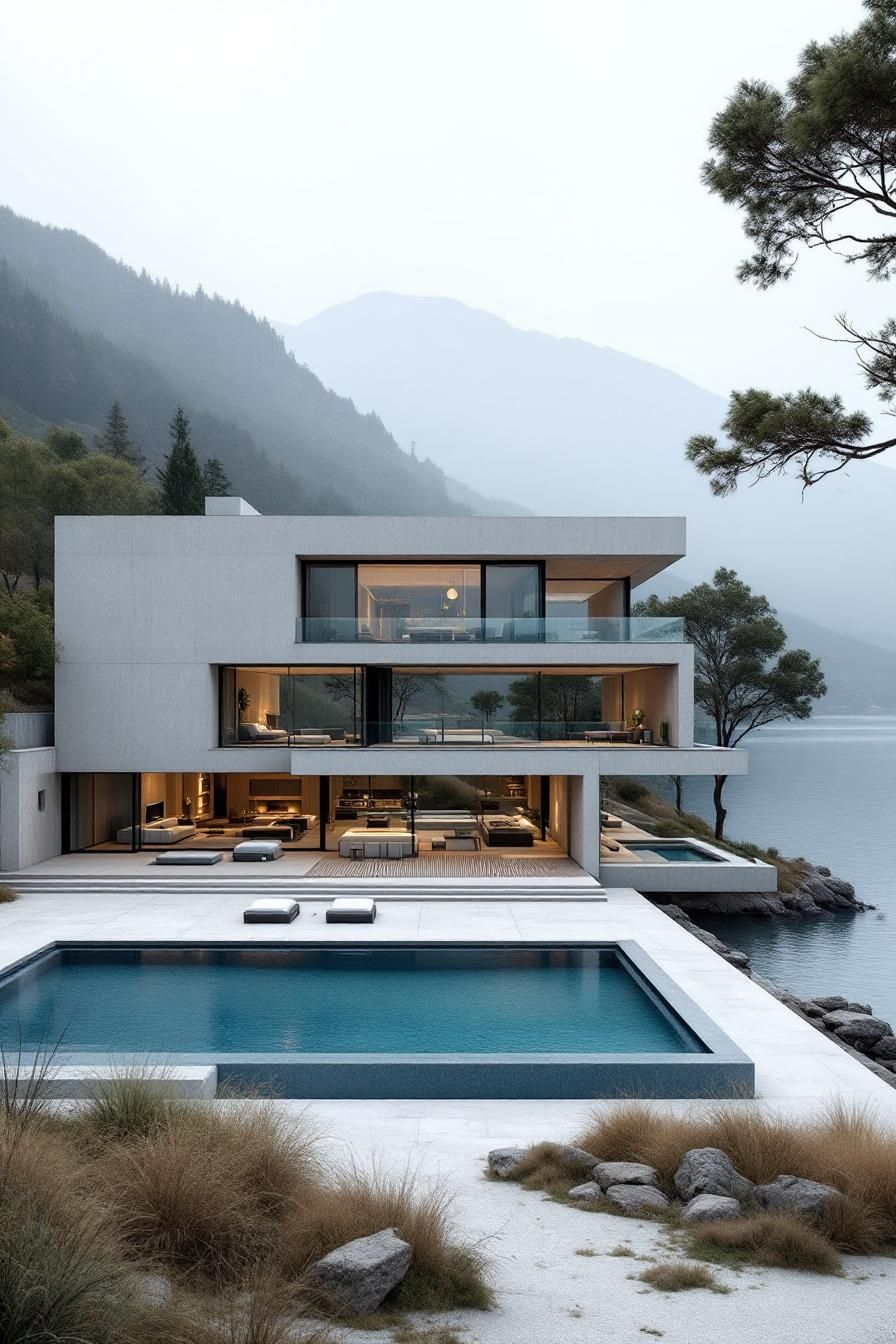 Lakeside concrete mansion with expansive windows