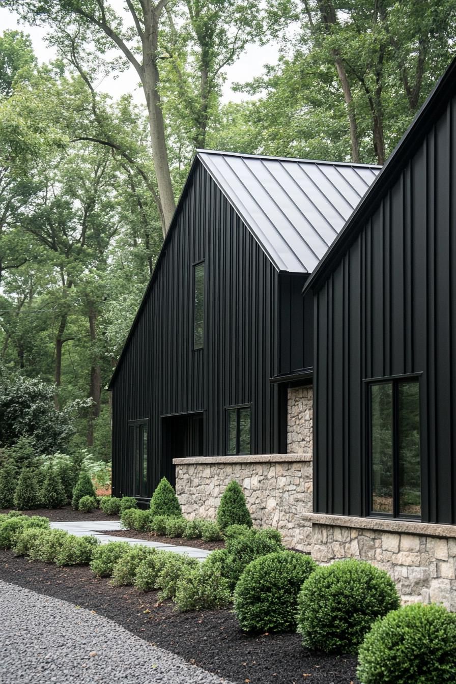 Modern long house with black siding and stone accents