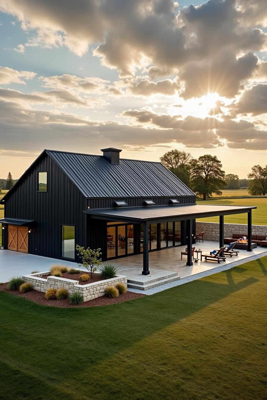 Modern ranch house with a sleek black roof, set against a bright sunset