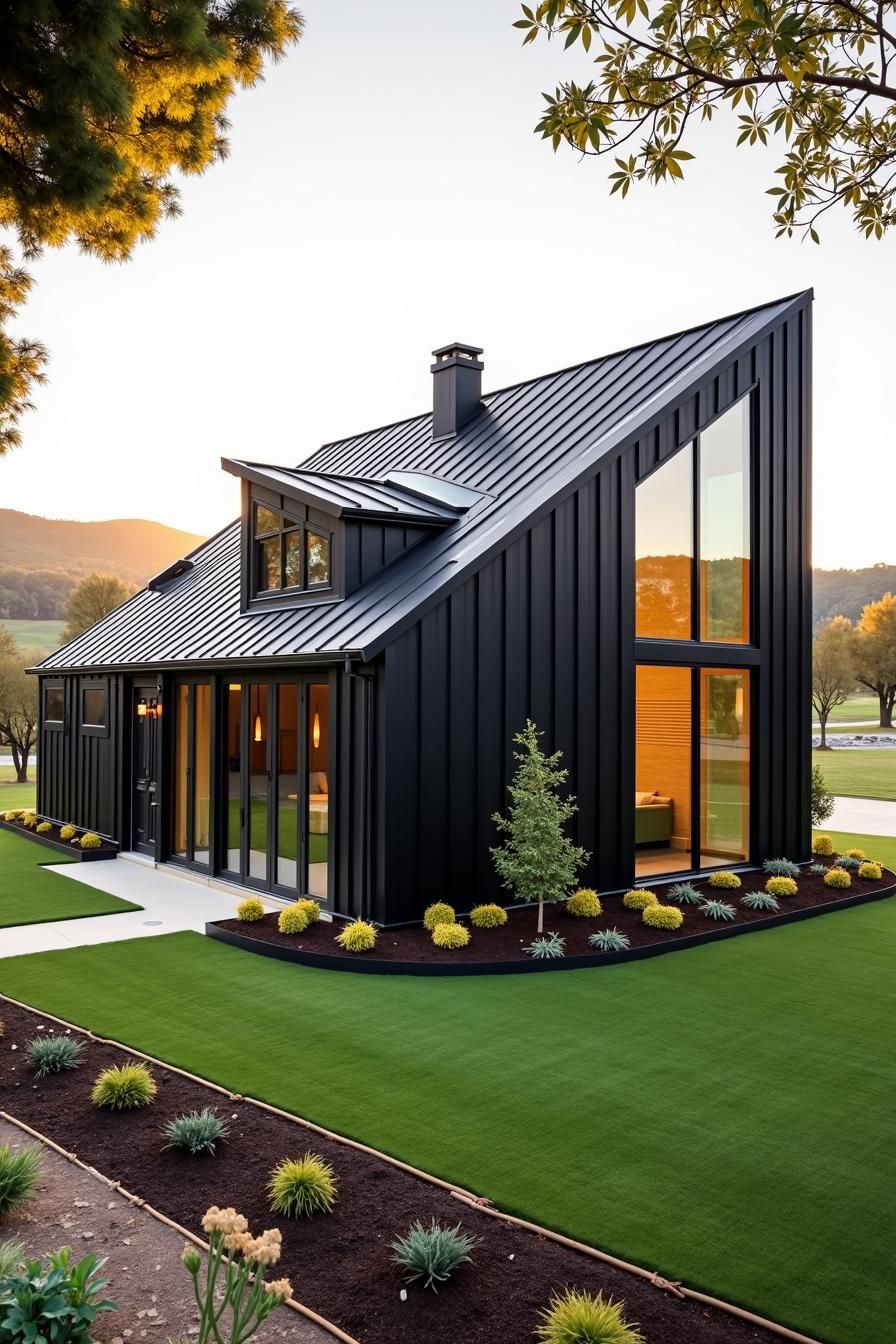 A stylish black modern house with large windows and sloped roof