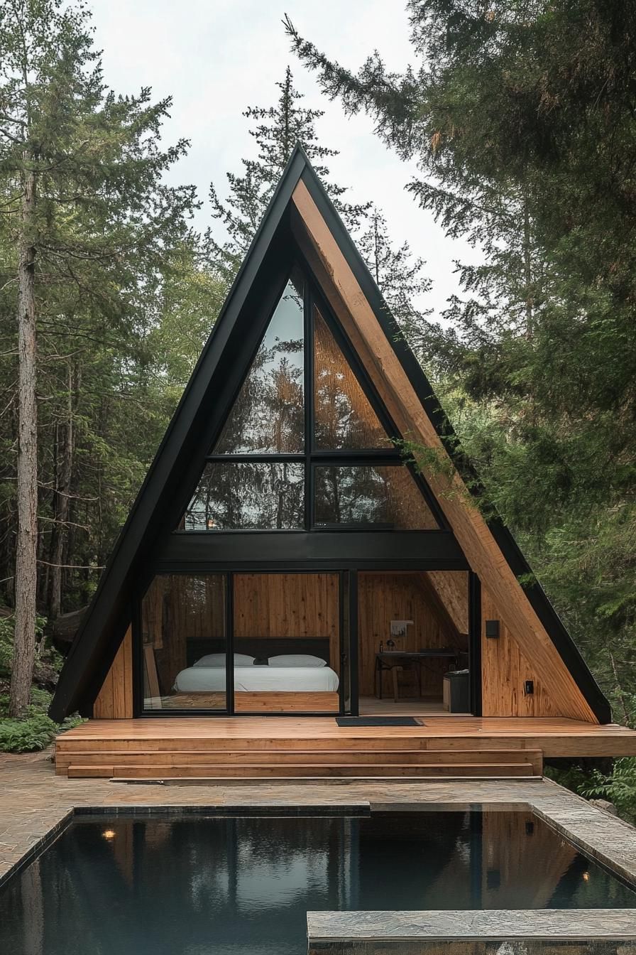 modern tiny a frame cabin with geometric windows plunge pool in front