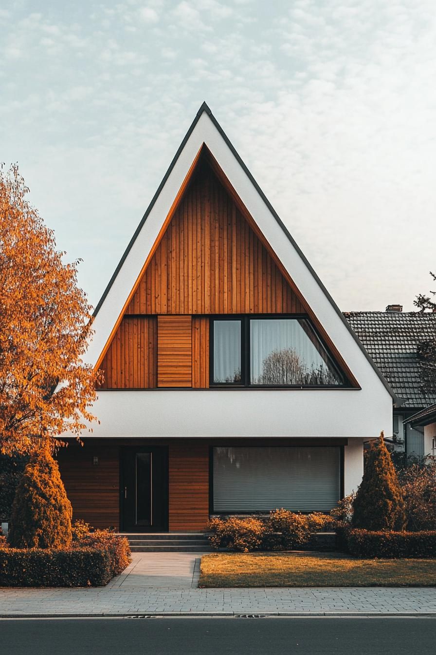 A modern A-frame house with wood and white exterior