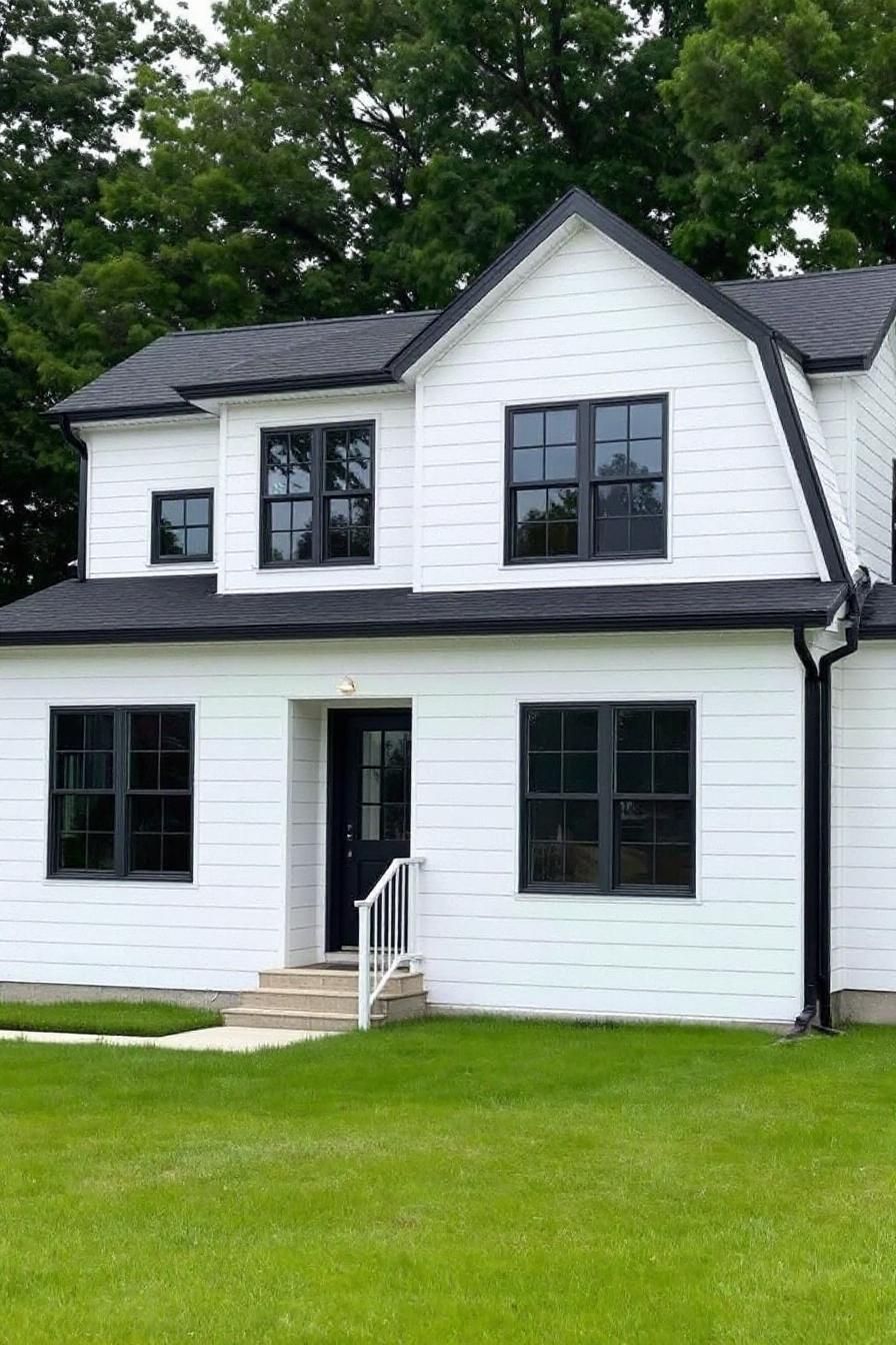 White house with black trim and lush green lawn