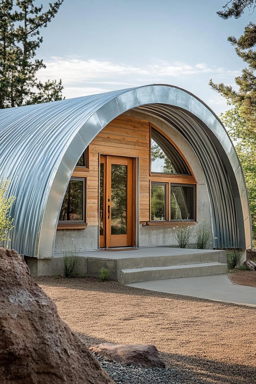 Curved metal hut with a wooden entrance nestled among trees