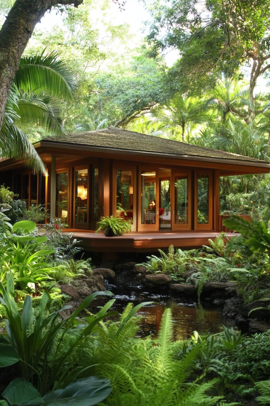 Tropical villa beside a lush garden and pond