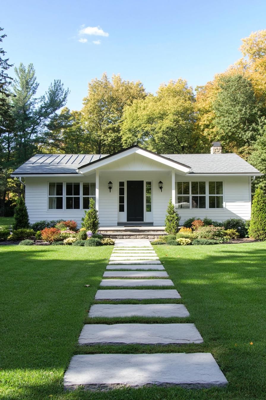 White cottage with garden path and lush lawn