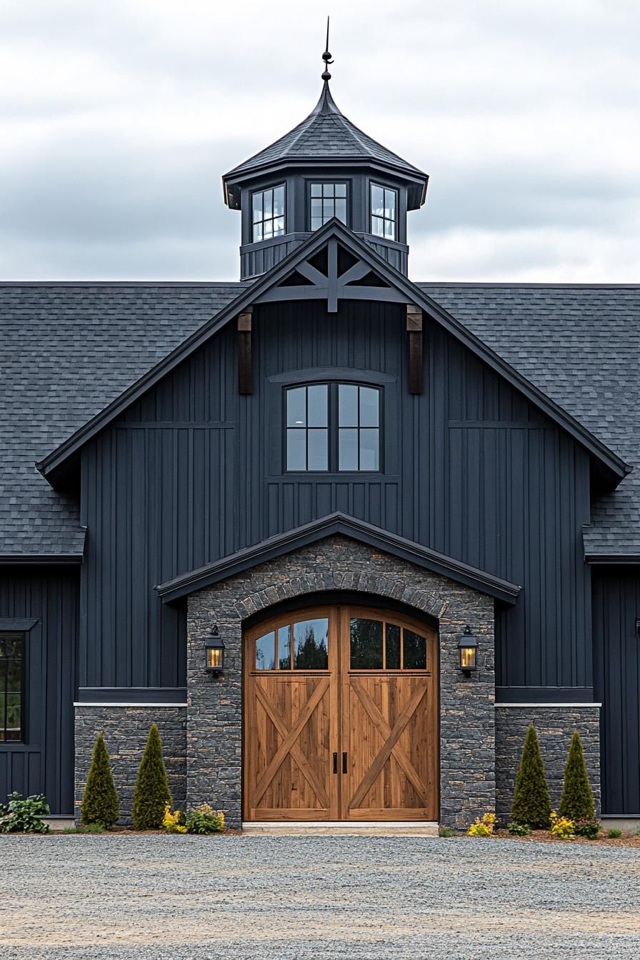 Modern barn house with dark siding and stone accents