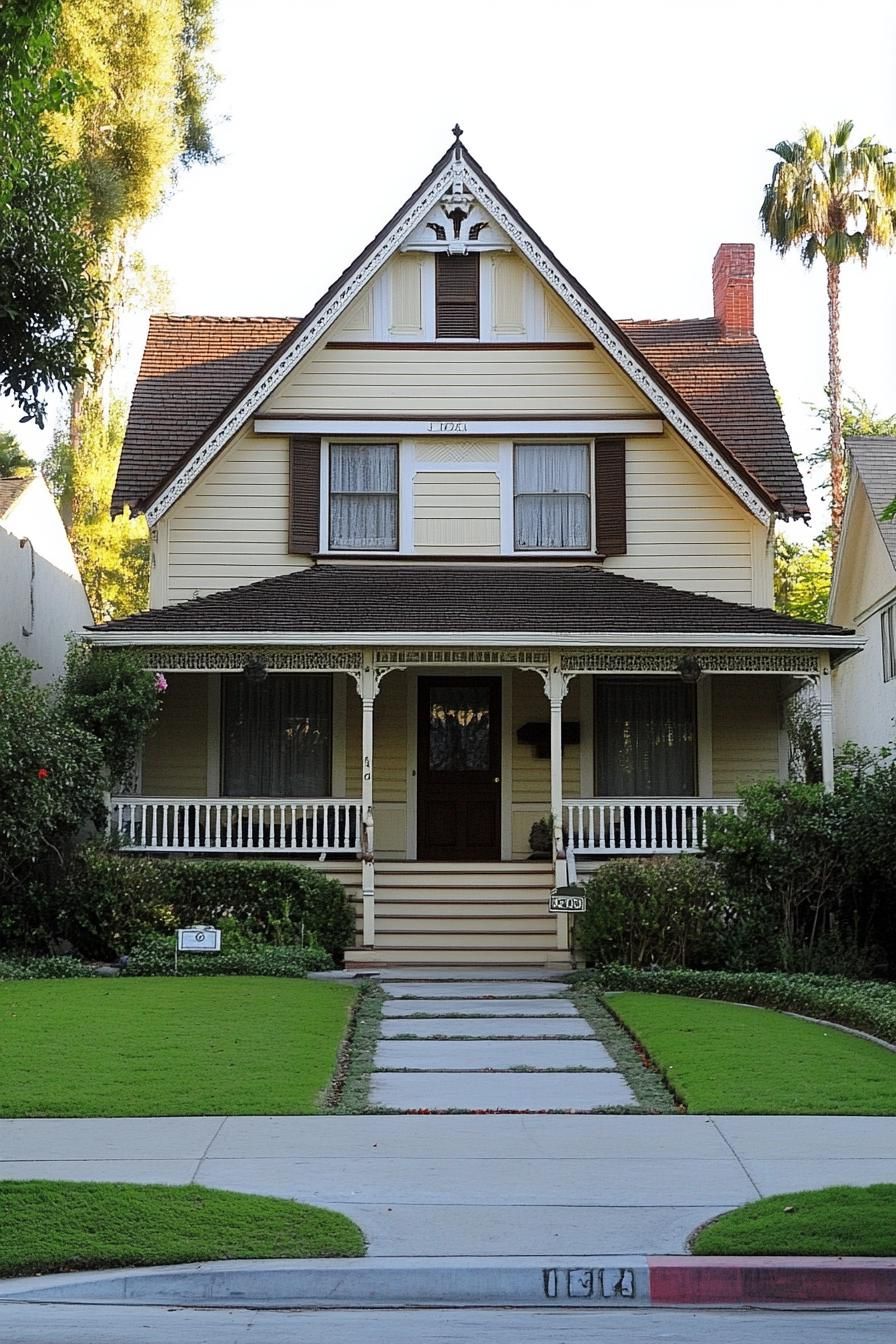 Vintage yellow house with brown shutters and porch