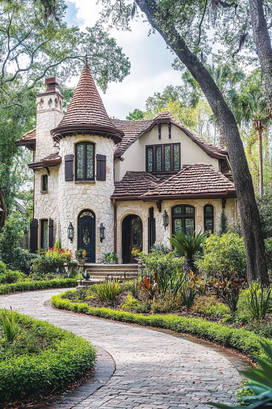 Charming stone house with a whimsical turret and garden pathway