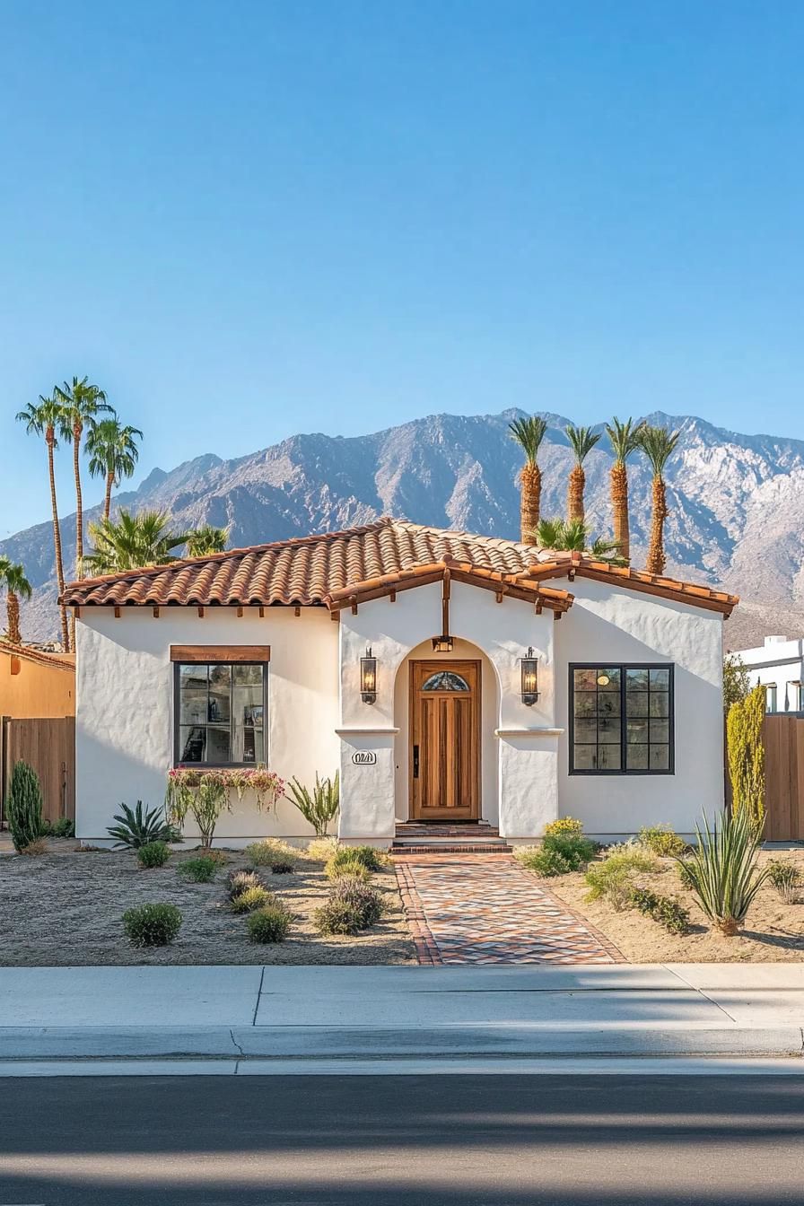 Spanish-style bungalow with red tile roof and mountain backdrop