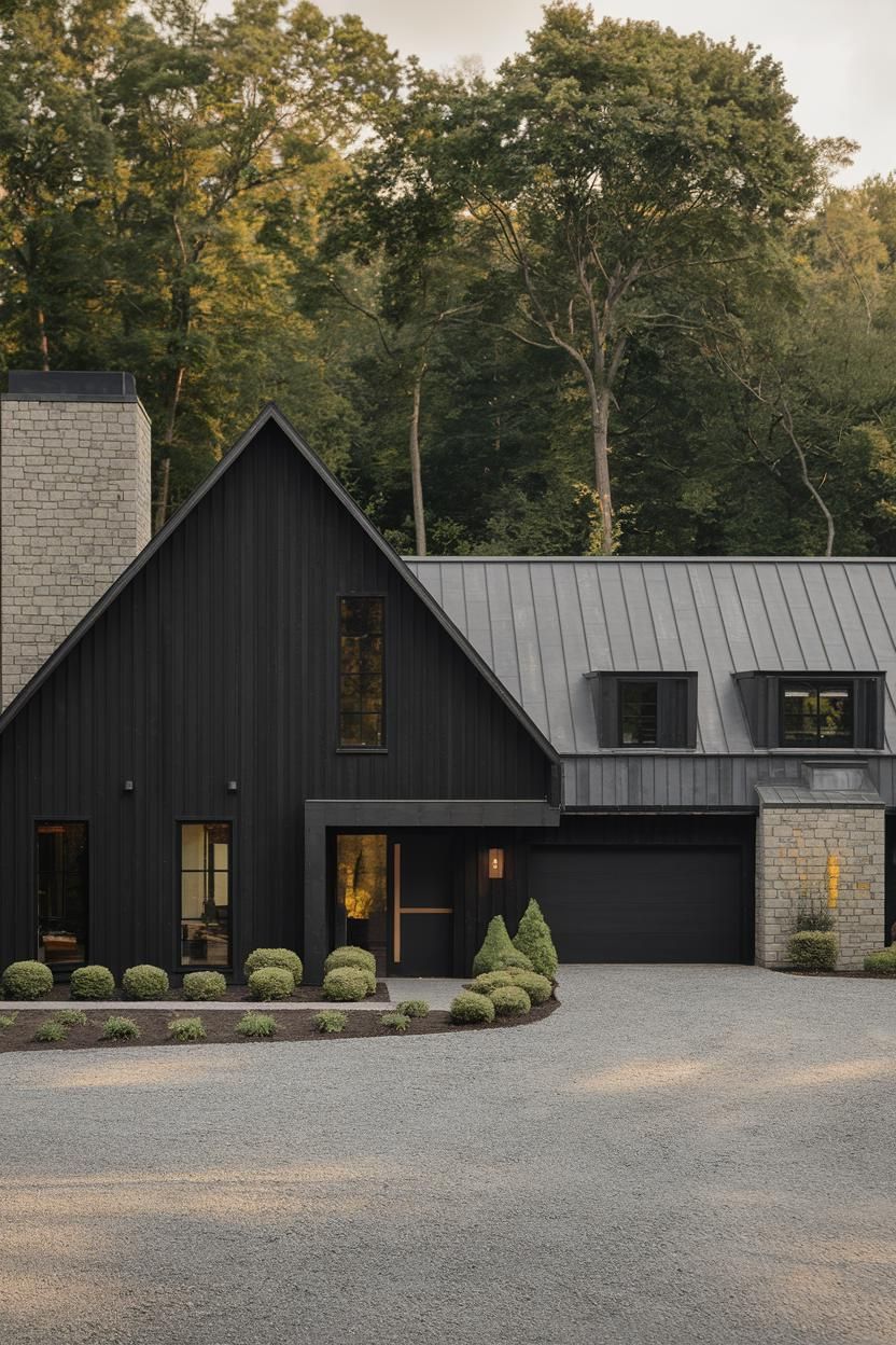 Sleek black house with tall trees, nestled in nature