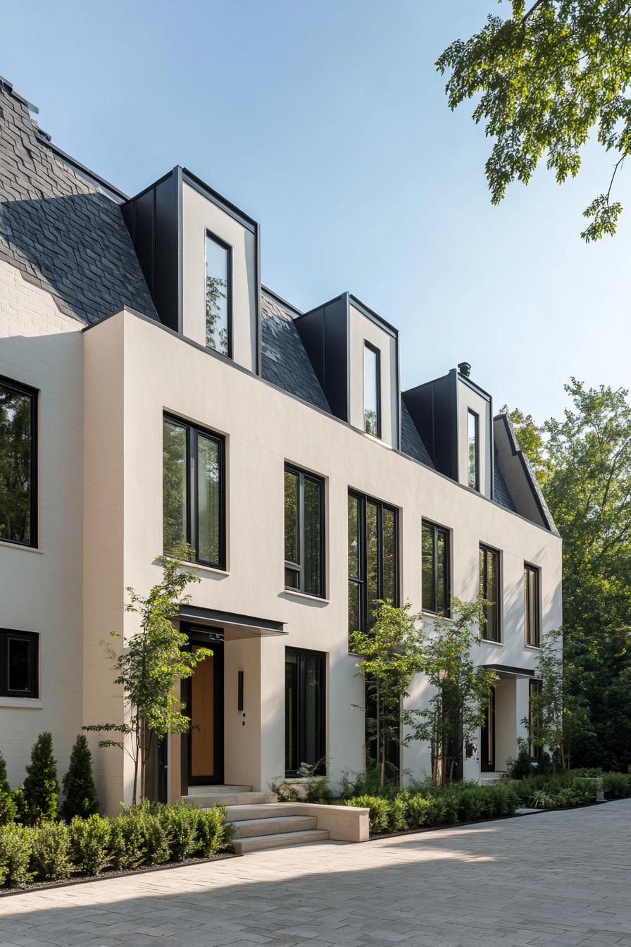 White townhouse with sleek black window accents