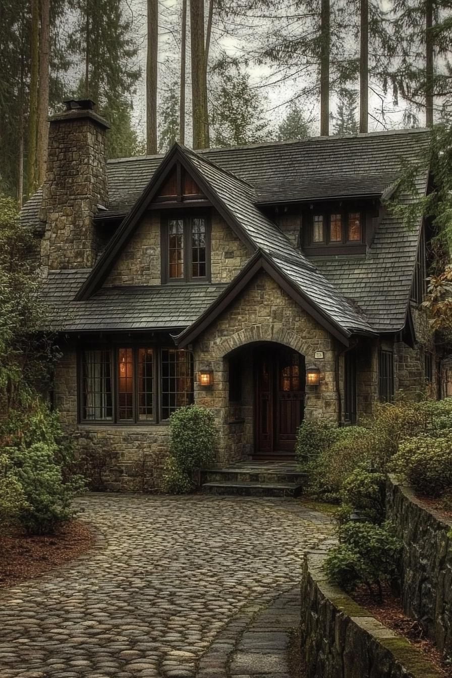 Cozy stone cottage nestled in a wooded area, with a cobblestone pathway