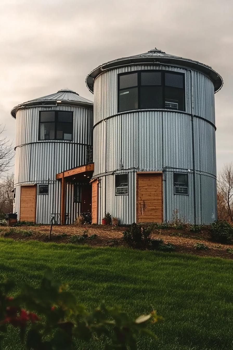 house made of two large grain silos connected with shipping containers the house has modern windows scenic farmland landscape