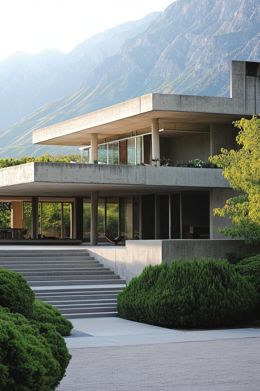 Modern concrete mansion with mountain backdrop