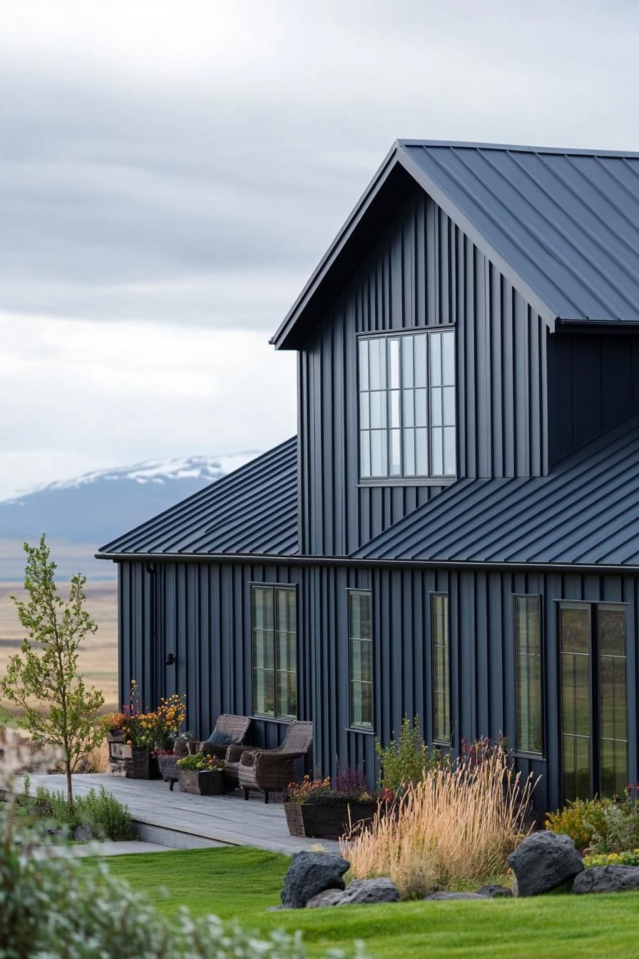 A sleek black metal home surrounded by nature