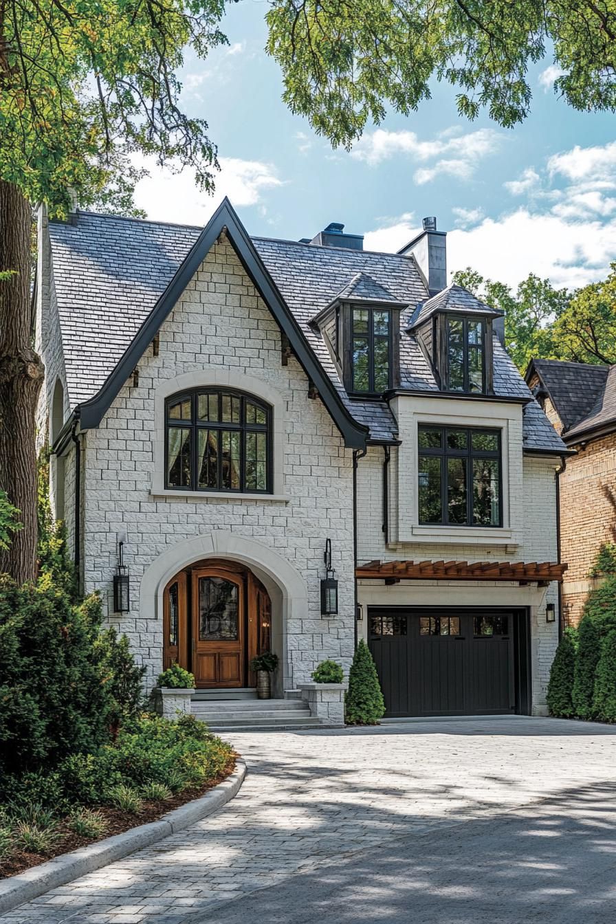 Modern Tudor house with gabled roof and elegant windows