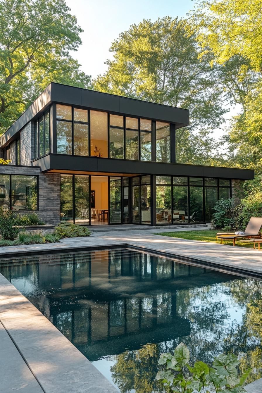 Modern house with a pool and large windows surrounded by trees