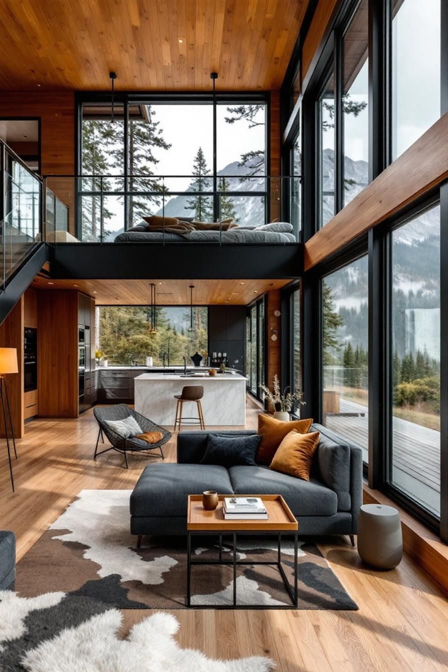 Modern cabin interior with large windows and rustic charm