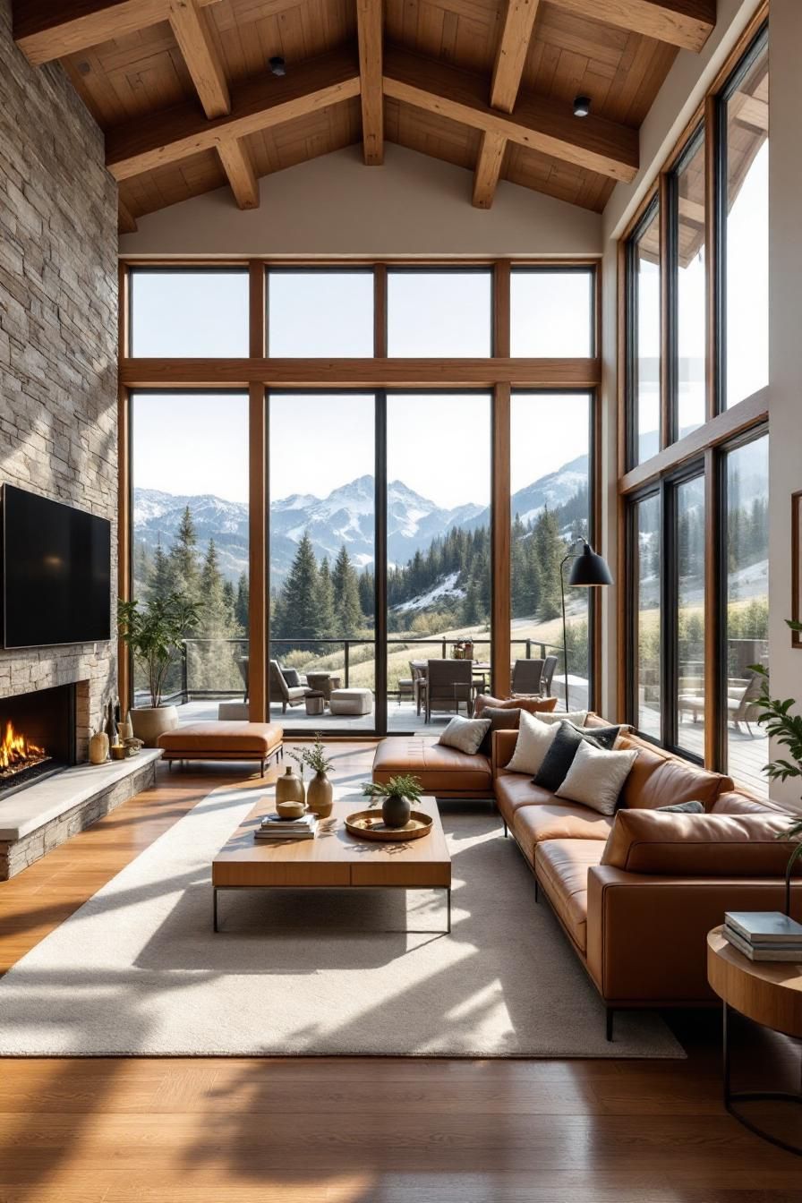 Spacious living area with mountain views through large windows