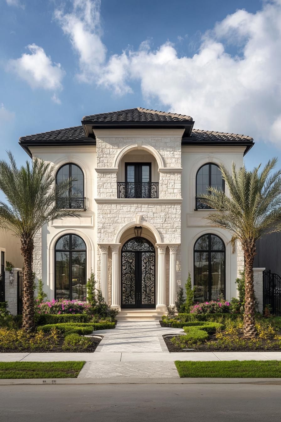 Luxury house with grand entrance and palm trees