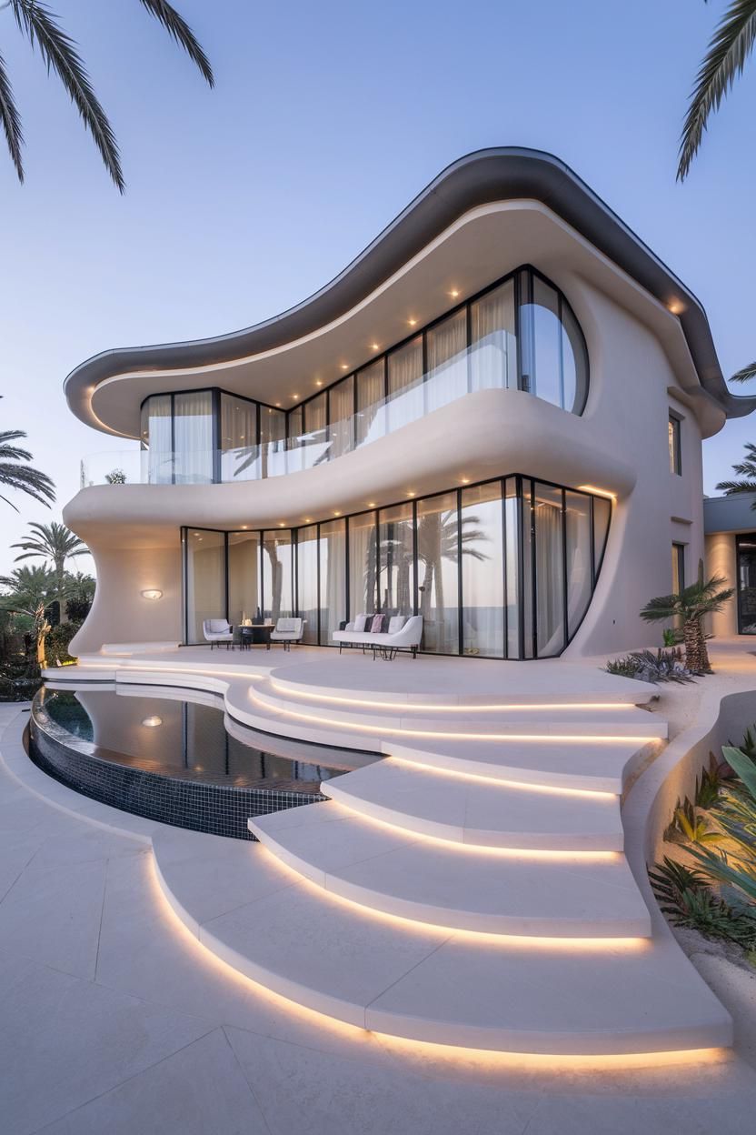 Stylish modern house with curved design and pool