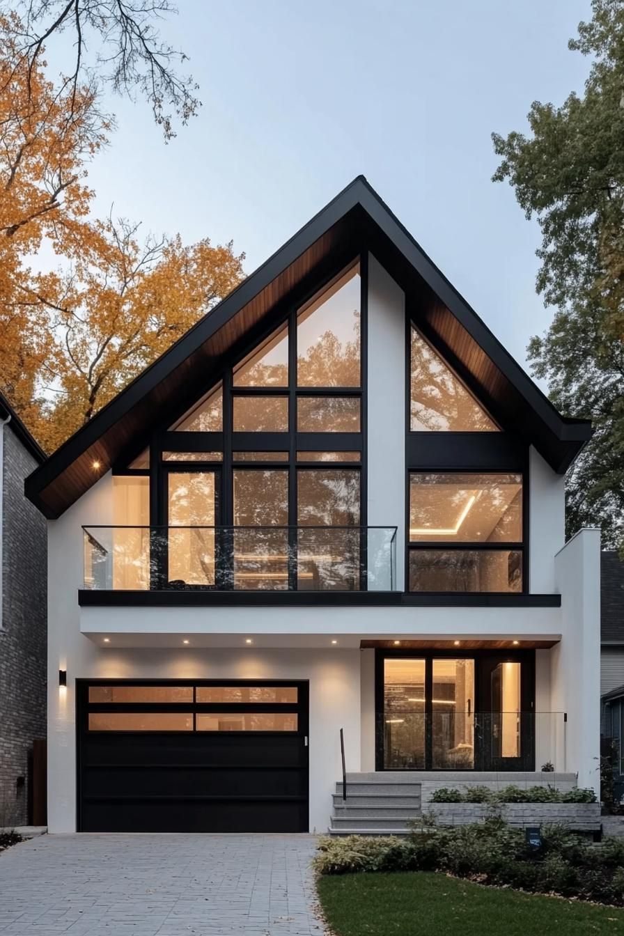 Modern house with large windows and autumn trees