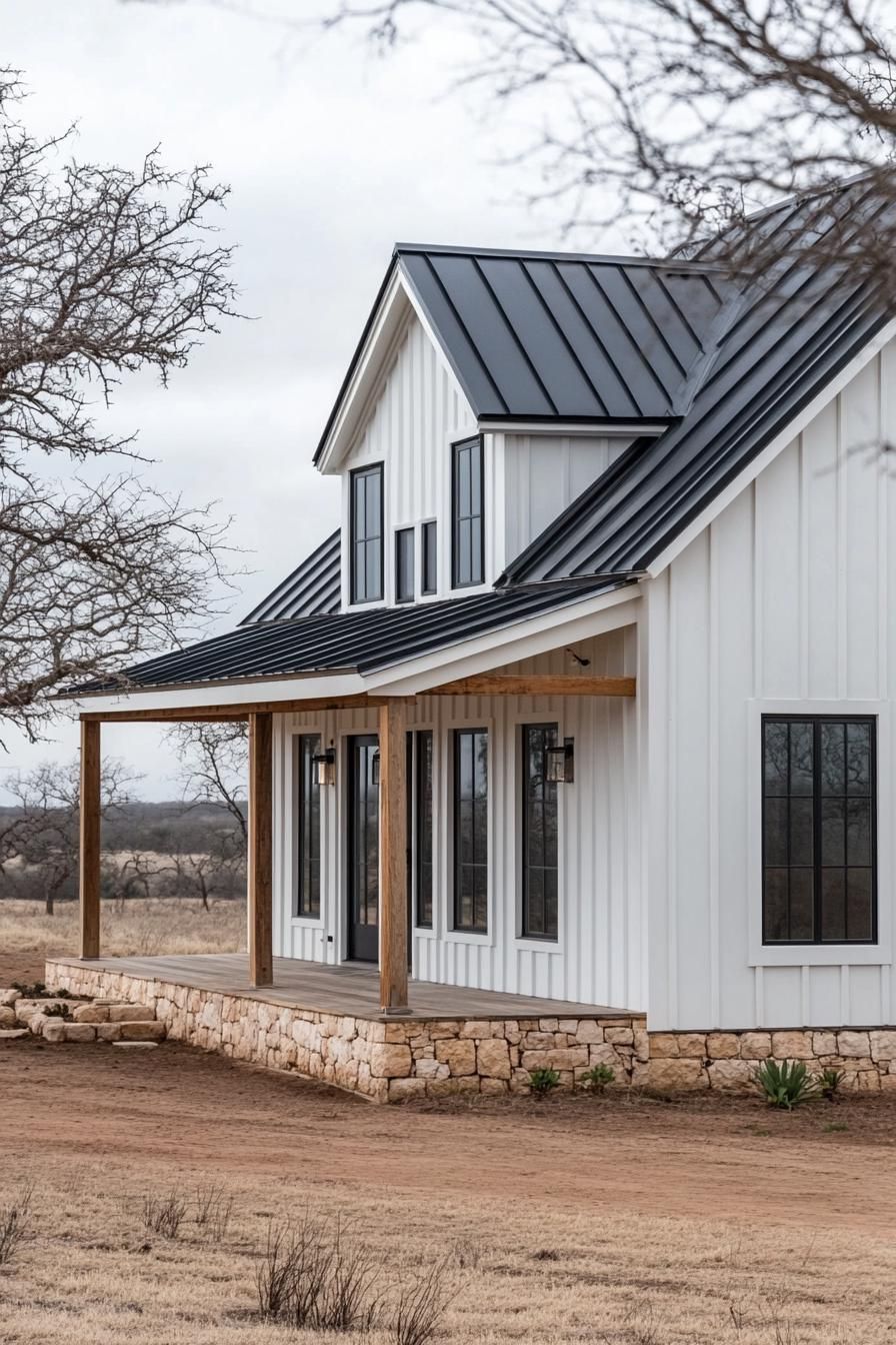 Charming white barndominium with a gable roof