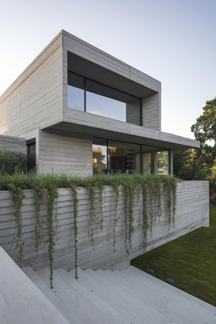 Modern concrete house amidst lush vegetation