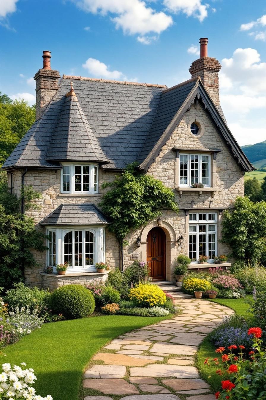 Stone cottage with lush garden path