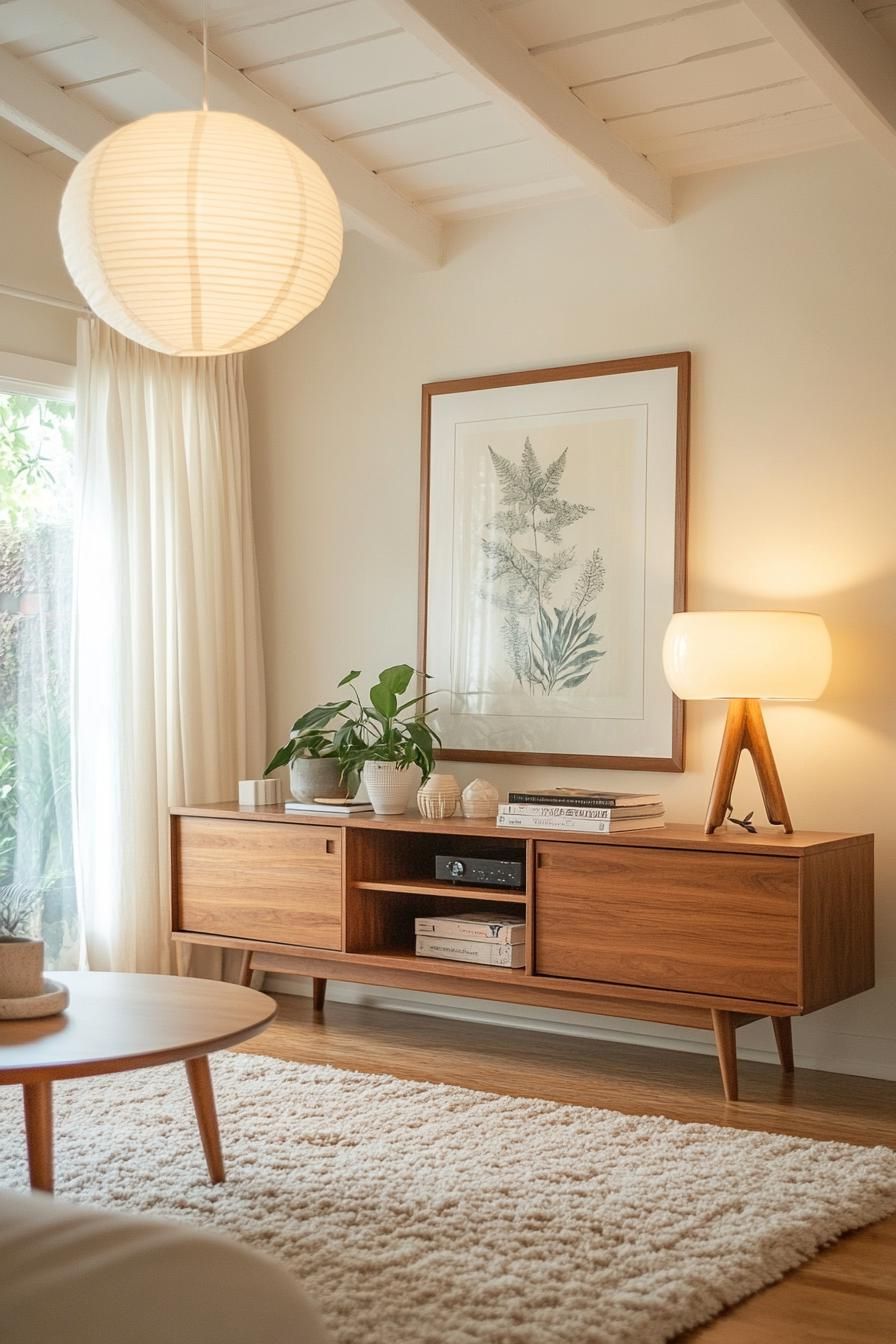 Mid-century modern living room with wooden accents