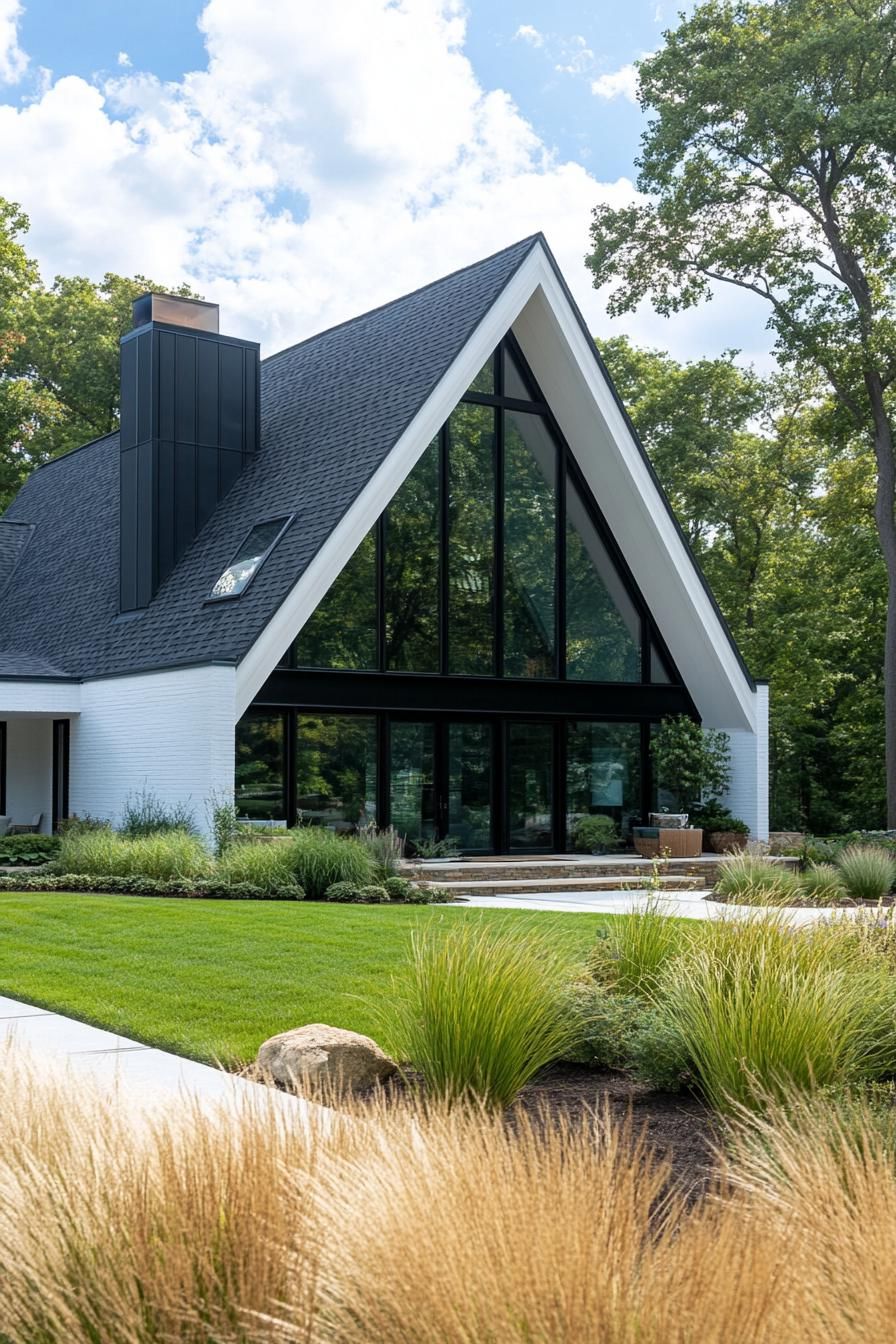 modern white house with black gabled roof andchimney large a frame front window large porch front yard landscaping with lawn and ornamental