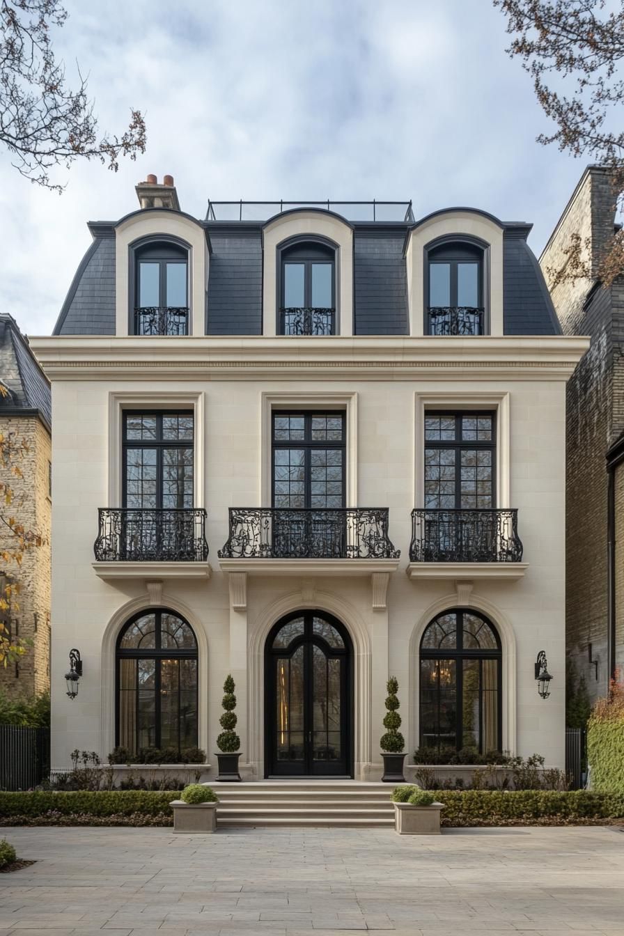 Elegant mansion with arched windows and wrought iron balconies