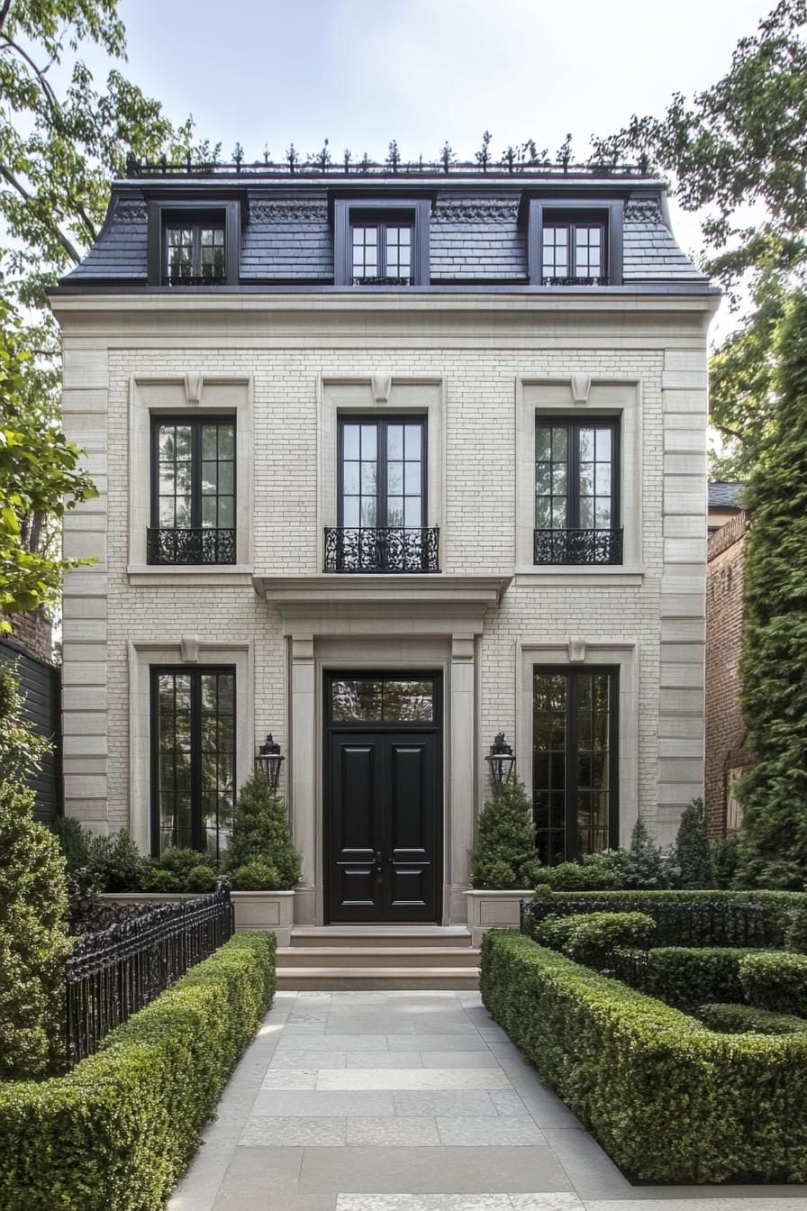 Elegant townhouse with grand entrance and lush greenery