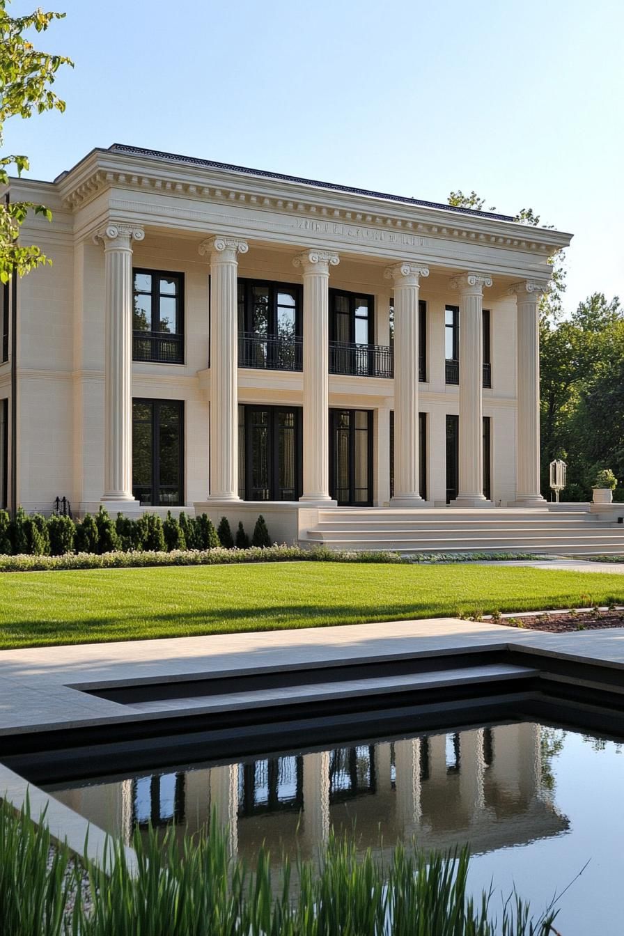 Luxury mansion with grand pillars and serene pond