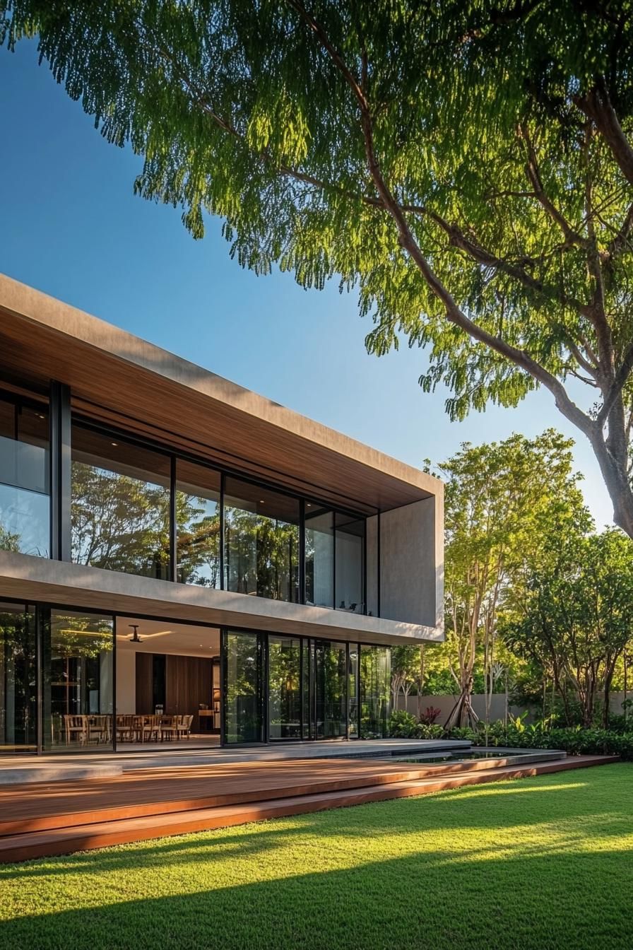 Modern Thai house with clay roof and glass walls