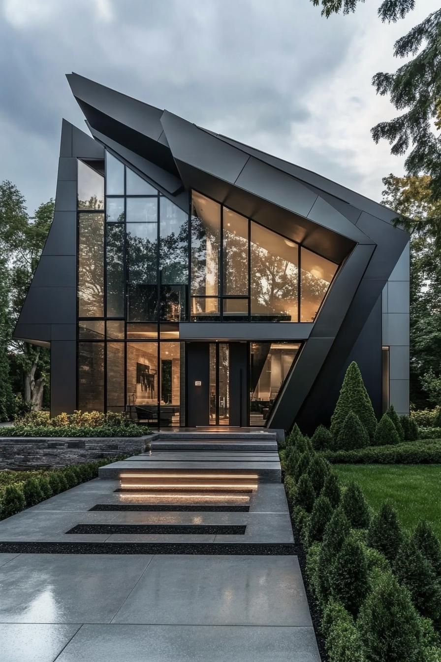 Sleek black geometric house with large windows