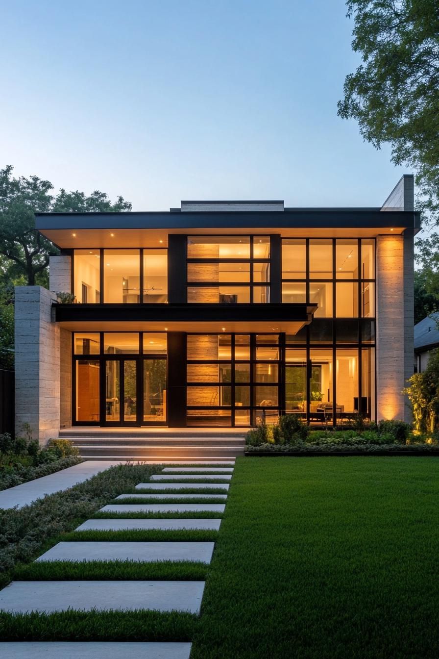 Modern house with large windows and evening glow