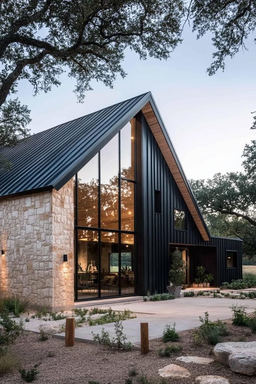 Barndominium with dramatic roofline and large windows