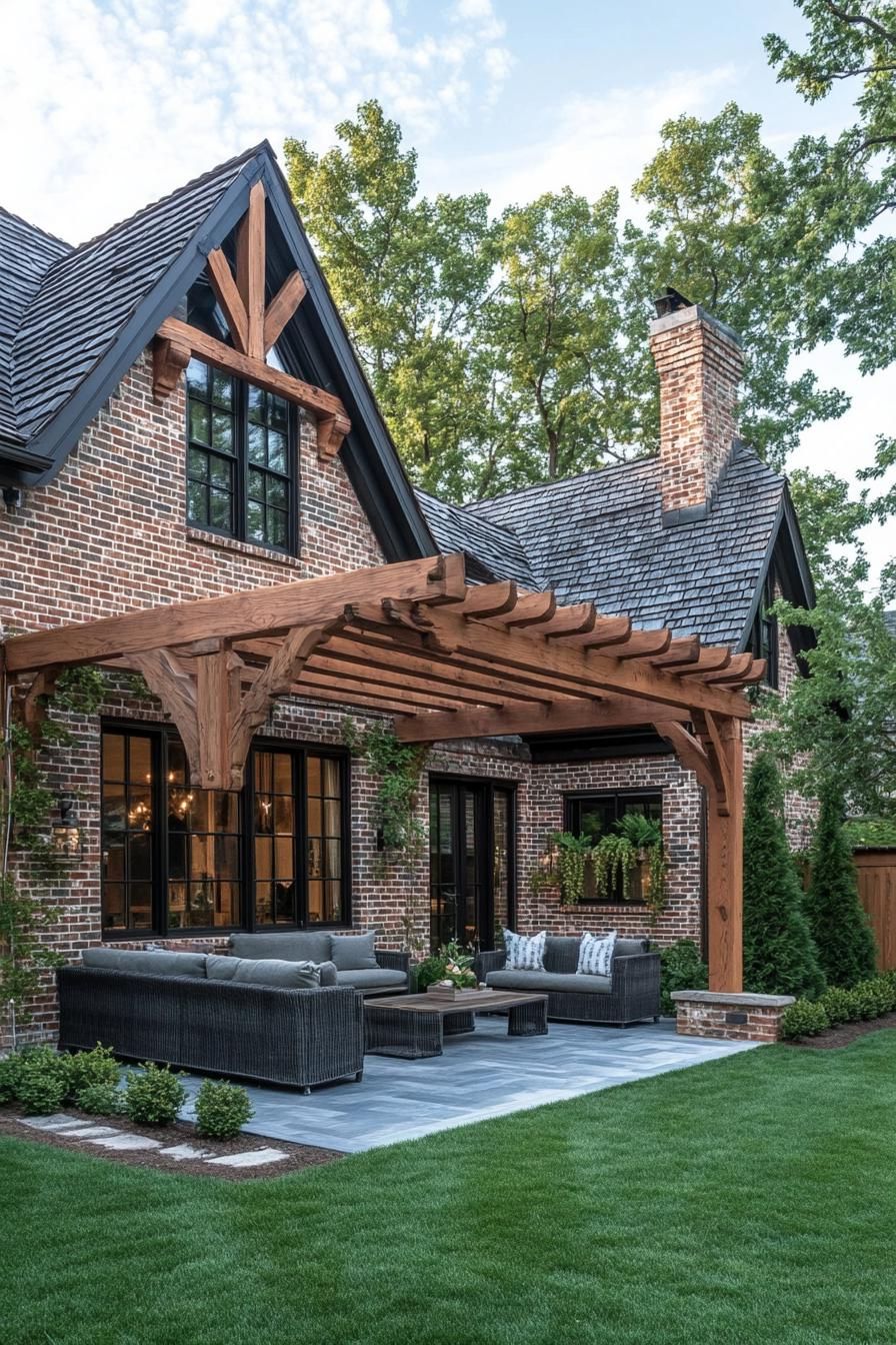 Brick Tudor house with a wooden pergola and patio seating